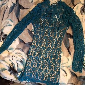 Hot Miami Styles | Dresses | Teal Lace Nude Illusion Dress With Keyhole